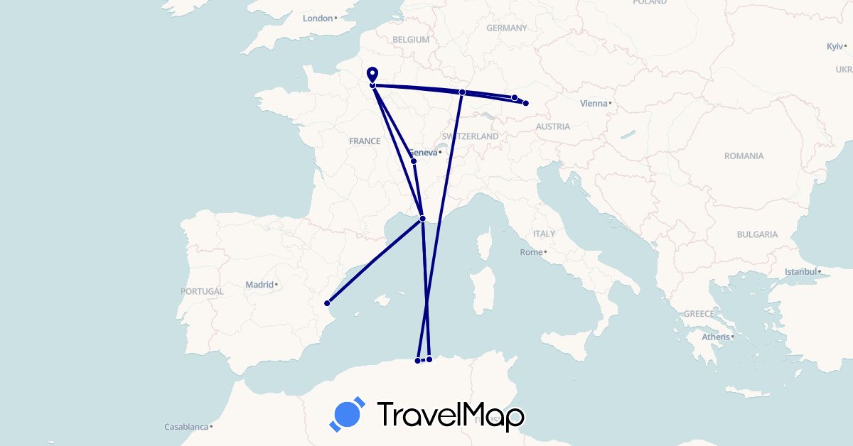 TravelMap itinerary: driving in Germany, Algeria, Spain, France (Africa, Europe)